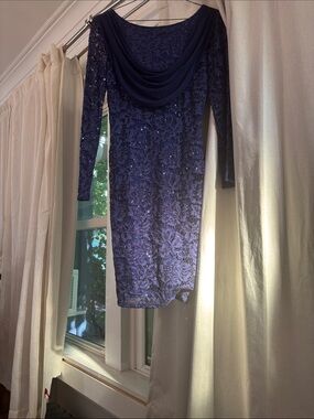 Onyx Nite Navy Lace Sequin Cowl Neck Long Sleeve Dress